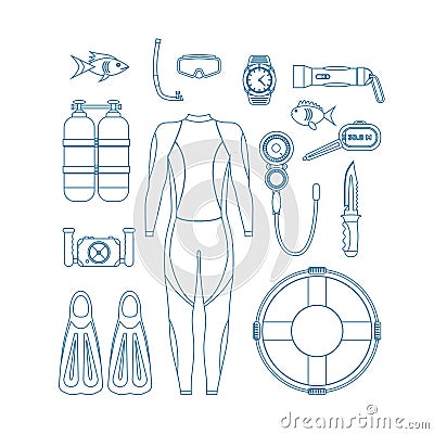 Diving Equipment Thin Line Set. Vector Vector Illustration