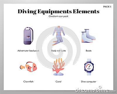 Diving equipments icons gradient pack Vector Illustration