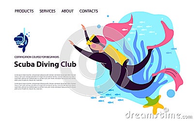 Diving. Extreme sport. Underwater swimming. Girl diver and exotic fish and underwater world. Vector illustration Vector Illustration