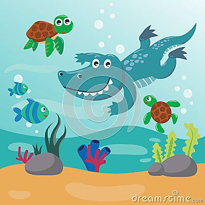 Diving with funny aligator and turtle with cartoon style. Creative vector childish background for fabric, textile, nursery Vector Illustration