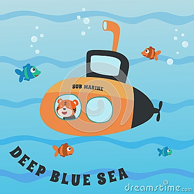 Diving with funny tiger driving submarine. Vector Illustration