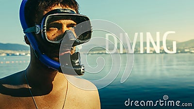Diving, Inscription on the background of a portrait of a diver with a mask and snorkel. The concept of freediving, tourism and tra Stock Photo
