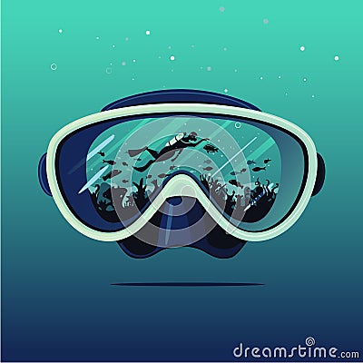 Diving mask with scuba diver on reflection. Diving on coral reef. Extreme sport vector background. Double exposure Vector Illustration