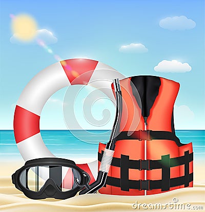 Diving mask snorkel life vest and safety torus Vector Illustration