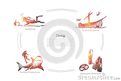 Diving - scuba diving, secrets of the seabed, the equipment of the diver, the study of marine fauna vector concept set Vector Illustration