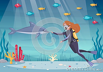 Diving Snorkeling Cartoon Composition Vector Illustration
