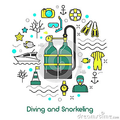 Diving Snorkeling Scuba Equipment Line Art Icons Vector Illustration