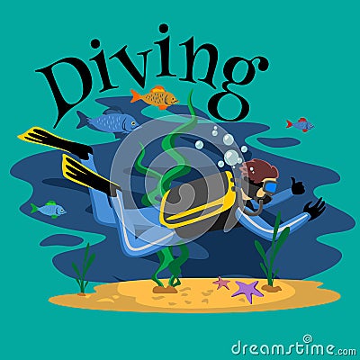 Diving snorkelling water extreme sports, isolated design element for summer vacation activity concept, cartoon wave Vector Illustration