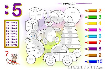 Division by number 5. Math exercises for kids. Paint the picture. Educational page for mathematics book. Vector Illustration