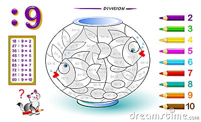 Division by number 9. Math exercises for kids. Paint the picture. Educational page for mathematics book. Vector Illustration