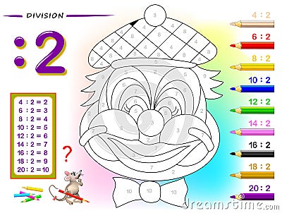 Division by number 2. Math exercises for kids. Paint the picture. Educational page for mathematics book. Vector Illustration