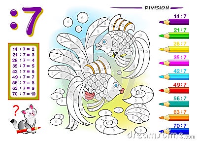 Division by number 7. Math exercises for kids. Paint the picture. Educational page for mathematics book. Vector Illustration