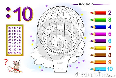 Division by number 10. Math exercises for kids. Paint the picture. Educational page for mathematics book. Vector Illustration