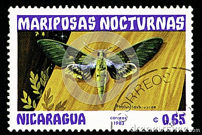 07.24.2019 Divnoe Stavropol Territory Russia Nicaragua mail stamp 1983 year Series Night butterflies mariposas nocturnas pholus Editorial Stock Photo