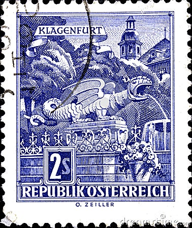 02.09.2020 Divnoe Stavropol Territory Russia the postage stamp Austria 1968 Architectural Monuments in Austria Wyvern Fountain at Editorial Stock Photo