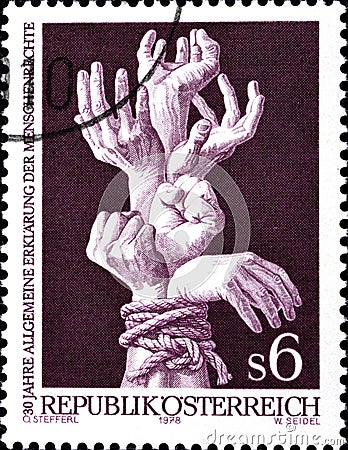 02 10 2020 Divnoe Stavropol Territory Russia postage stamp Austria 1978 The 30th Anniversary of the General Declaration of Human Editorial Stock Photo