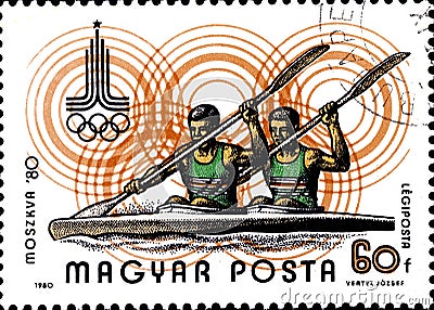 02 08 2020 Divnoe Stavropol Territory Russia postage stamp Hungary 1980 Olympic Games - Moscow, USSR the kayaking two Editorial Stock Photo