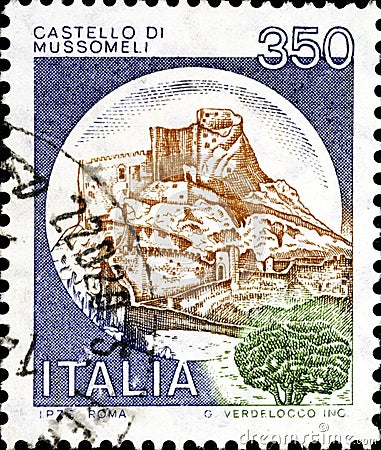 02 10 2020 Divnoe Stavropol Territory Russia the Postage Stamp Italy 1980 Castles Mussomeli Castle Sicily Editorial Stock Photo