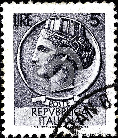 02.09.2020 Divnoe Stavropol Territory Russia the Postage Stamp Italy 1955 Italia - Syracusean Coin Female Porter with Coins Editorial Stock Photo