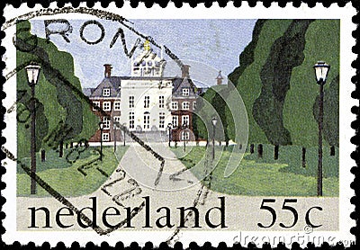 02 10 2020 Divnoe Stavropol Territory Russia postage stamp Netherlands 1981 The Royal Palace in The Hague alley on the facade of a Editorial Stock Photo