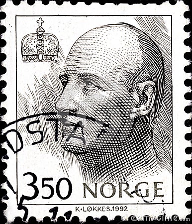 02.11.2020 Divnoe Stavropol Territory Russia the Postage Stamp Norway 1992 King Harald Portrait Editorial Stock Photo