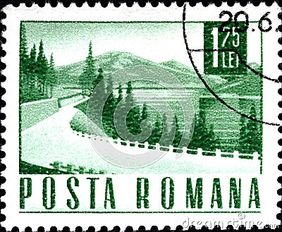 02.09.2020 Divnoe Stavropol Territory Russia postage stamp Romania 1967 Transport Communication mountain landscape with the road Editorial Stock Photo