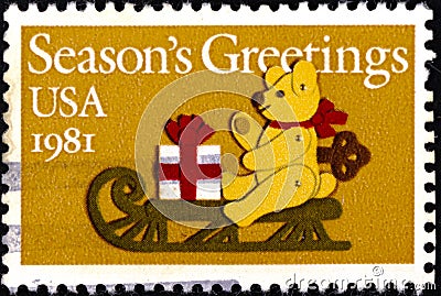 02 08 2020 Divnoe Stavropol Territory Russia the postage stamp USA 1981 Christmas Stamps Felt Bear on Sleigh Christmas toy Editorial Stock Photo