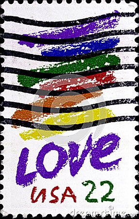 02 08 2020 Divnoe Stavropol Territory Russia postage stamp USA 1985 Love colorful brush strokes and a inscription love Editorial Stock Photo