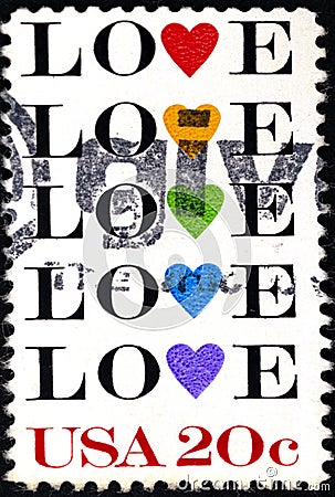 02 08 2020 Divnoe Stavropol Territory Russia the postage stamp USA 1984 Love word love with hearts of different colors Editorial Stock Photo