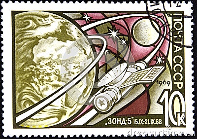 02 08 2020 Divnoe Stavropol Territory Russia postage stamp USSR 1969 Cosmonautics Day Space station Zond-5 in the Lunar orbit Editorial Stock Photo