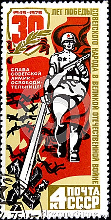 02.08.2019 Divnoe Stavropol Territory Russia postage stamp USSR 1975 The 30th Anniversary of Victory in Second World War Editorial Stock Photo