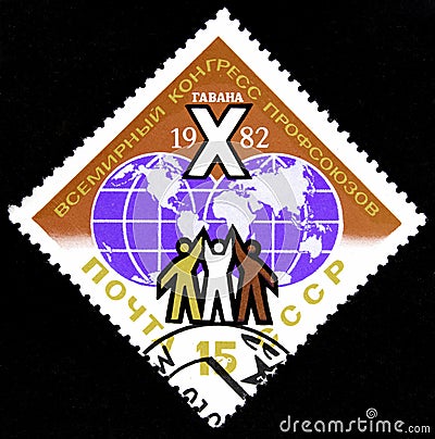 10.24.2019 Divnoe Stavropol Territory Russia postage stamp USSR 1982 10th World Congress of Trade Unions Havana a Congress logo Editorial Stock Photo