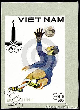 12 21 2019 Divnoe Stavropol Territory Russia postage stamp Vietnam 1980 Olympic Games - Moscow, USSR goalkeeper catching the Editorial Stock Photo