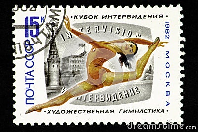 07.24.2019 Divnoe Stavropol Territory Russia Postage stamps of the USSR 1982 year Moscow Intervision Cup rhythmic gymnastics Editorial Stock Photo