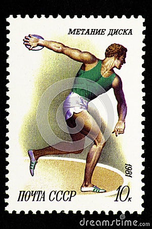 07.24.2019 Divnoe Stavropol Territory Russia - USSR postage stamp 1981. Discus throw. Discus thrower preparing to throw disc on a Editorial Stock Photo