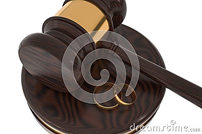 Divorce concept with wooden gavel and gold wedding rings Cartoon Illustration