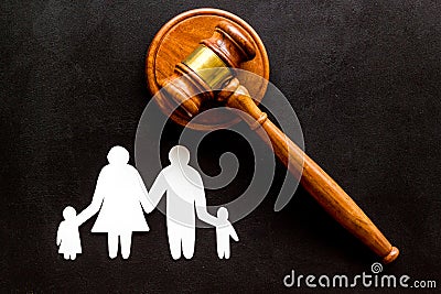 Divorce court concept. Judge gavel near family on black background top-down copy space Stock Photo