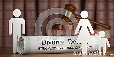Divorce and custody child concept. Divorce decree, gavel and family silhouette on book background Cartoon Illustration