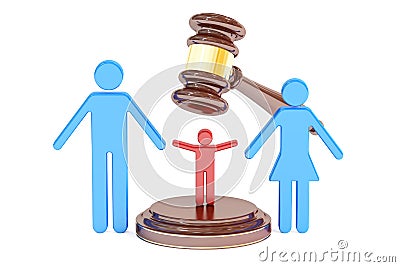 Divorce and custody child concept with gavel and family, 3D Stock Photo