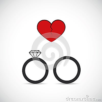 Divorce heartache concept with broken heart and with wedding rings Vector Illustration