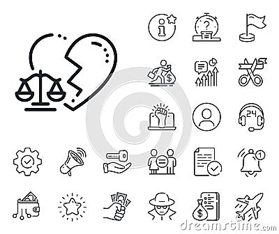 Divorce lawyer line icon. Justice scales sign. Salaryman, gender equality and alert bell. Vector Vector Illustration