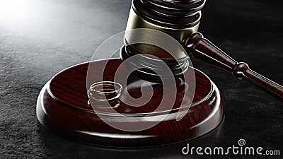 Divorce Marriage Wedding Law Legal Concept. Rings and wooden mallet. 3d render Stock Photo