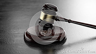 Divorce Marriage Wedding Law Legal Concept. Rings and wooden mallet. 3d Render illustration Cartoon Illustration