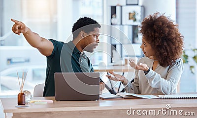 Divorce, pointing and angry couple fight over conflict trouble, life problem and taxes or finance debt at home Stock Photo