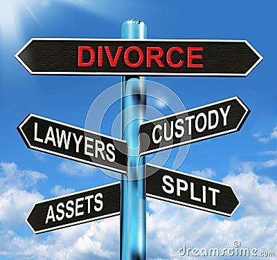 Divorce Signpost Means Custody Split Assets And Lawyers Stock Photo