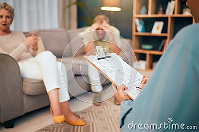 Divorce, stress or old couple consulting a psychologist in counseling or therapy speaking of financial debt problems Stock Photo