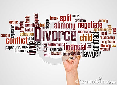 Divorce word cloud and hand with marker concept Stock Photo