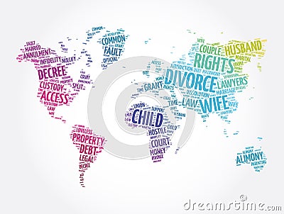 Divorce word cloud in shape of world map, concept background Stock Photo