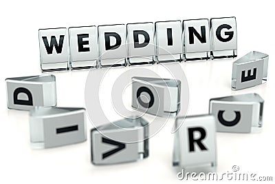 DIVORCE word written on glossy blocks and fallen over blurry blocks with WEDDING letters, isolated on white. Many weddings leads Stock Photo