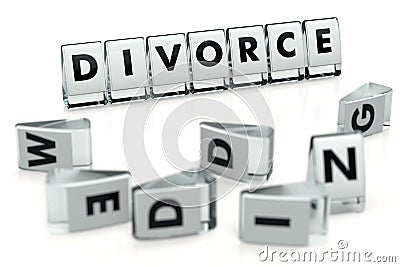 DIVORCE word written on glossy blocks and fallen over blurry blocks with WEDDING letters. Quick wedding, fast divorce - concept. Stock Photo